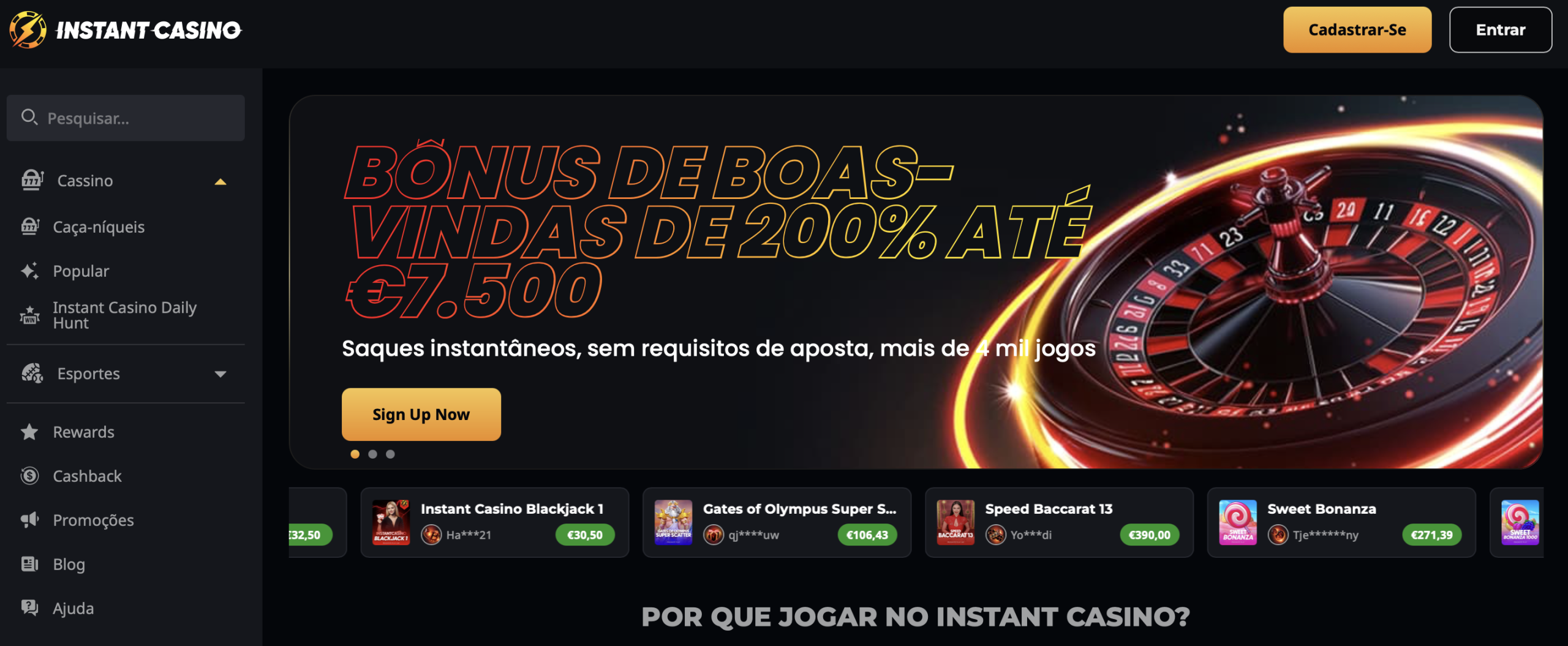 Instant Casino - Bónus de 200% até €7.500 num dos Melhores Casinos Online